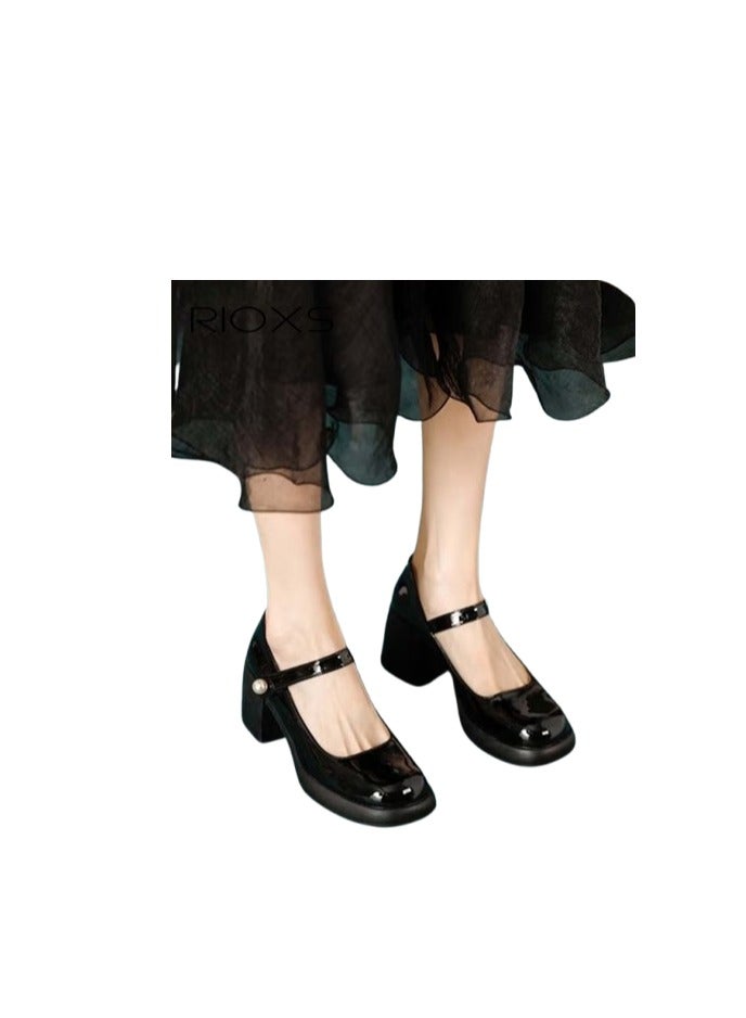 RIOXS Mary Jane Shoes for Women, Classic Patent Leather Shoes, Women's Ankle Strap Mary Jane Shoes, Fashion Round Toe Shoes, 6.5cm Elegant Mary Janes Heels, Comfort Lightweight Office Shoes, Perfect Companion for Any Outfits, Black Leather Heel Shoes Womens Footwear - Image 1